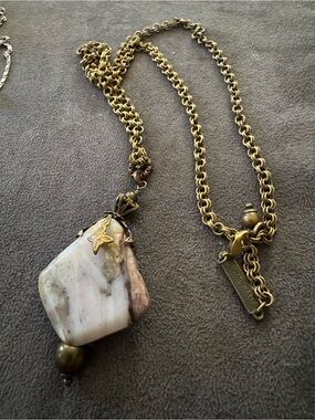 Antique Brass Chain Necklace Jan Michaels with White Agate Pendant